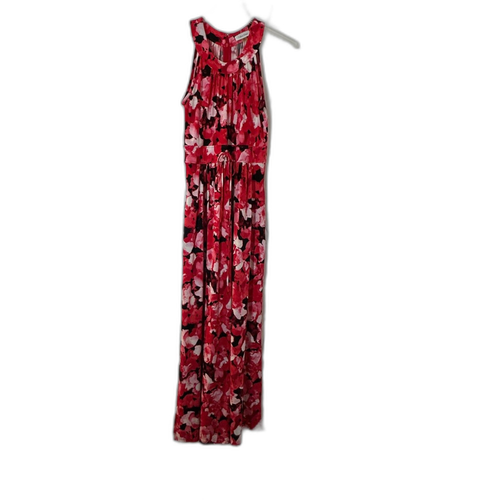 Calvin Klein Red and Black Watercolor Halter Style High Neck Maxi Dress
